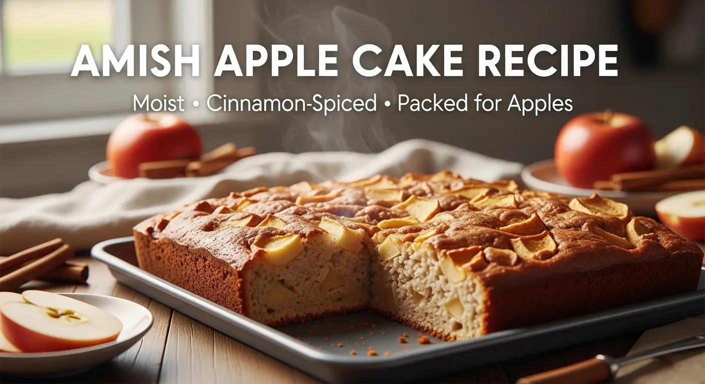 Steaming, freshly baked Amish apple cake with a golden-brown crust and moist crumb rests on a rustic table. This cinnamon-spiced apple cake recipe is surrounded by fresh red apples and cinnamon sticks, beautifully illuminated by soft, natural window light.