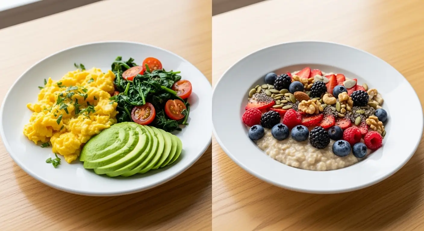 Two white plates showcasing healthy breakfast ideas on a wooden table. One features fluffy scrambled eggs with sliced avocado and spinach, while the other is a vibrant oatmeal bowl topped with fresh berries and nuts in soft, natural morning light.
