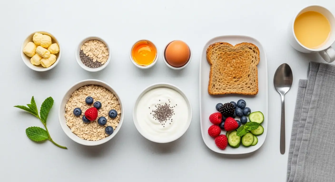 A healthy breakfast spread featuring oatmeal with berries, Greek yogurt, and whole grain toast on a white surface. Bright natural light emphasizes textures of fresh raspberries and crisp cucumbers for a balanced, nutritious meal.