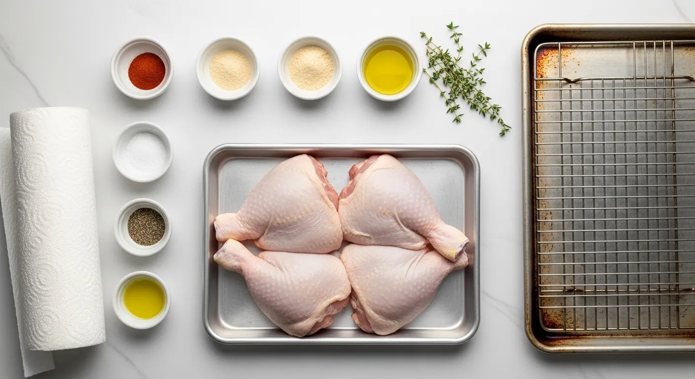Four raw chicken leg quarters arranged in a metal tray on a white marble countertop, surrounded by small bowls of colorful dry spices, olive oil, and fresh thyme. A baking sheet with a wire rack sits ready for cooking under bright, clean overhead lighting.