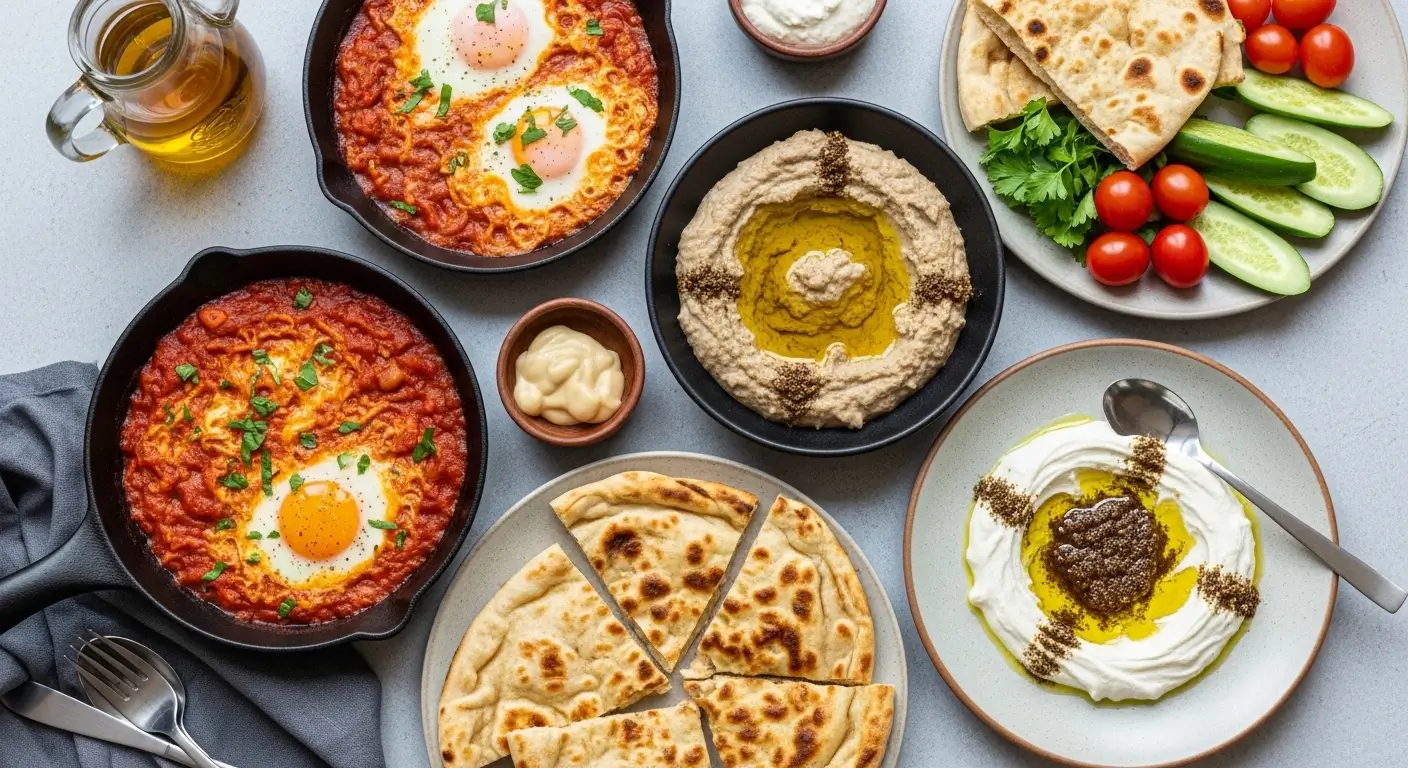 Authentic Middle Eastern breakfast featuring shakshuka with poached eggs in cast iron skillets, creamy hummus, and warm pita bread. Fresh tomatoes and cucumbers rest on a textured gray table in bright, natural light.