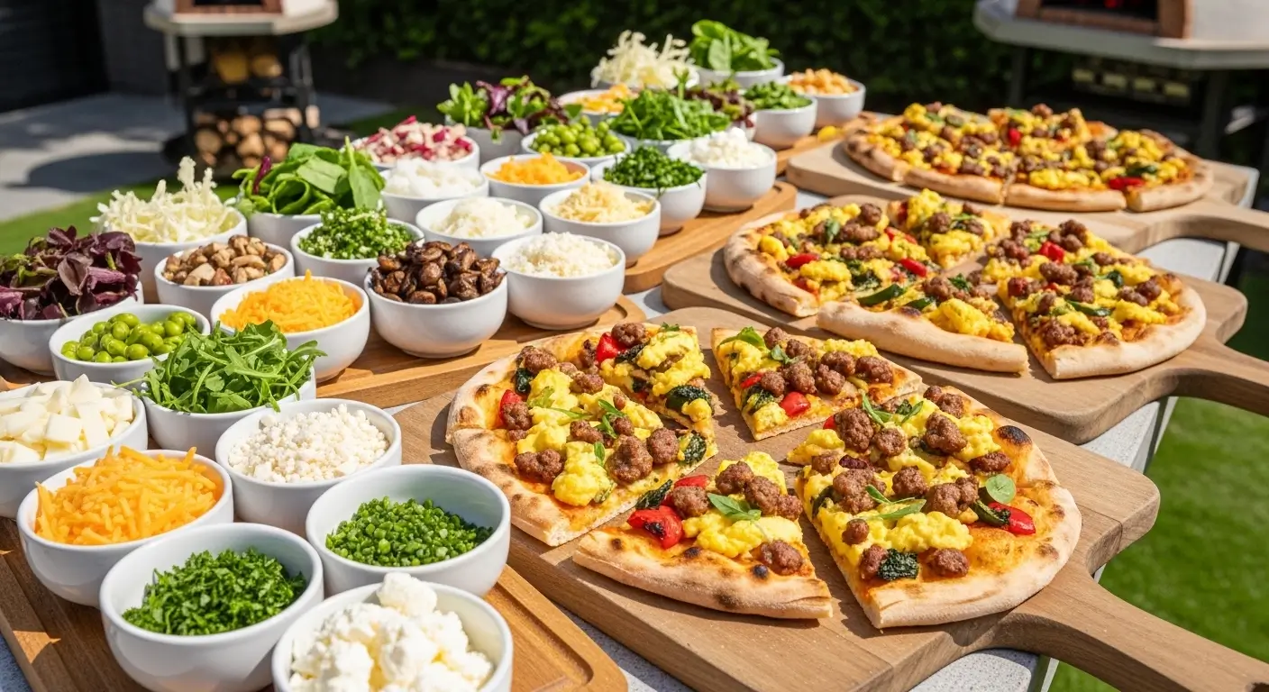 Savory breakfast pizza topped with sausage and fluffy eggs rests on wooden peels, surrounded by a vibrant array of fresh toppings in white bowls under bright, natural daylight at an outdoor party.