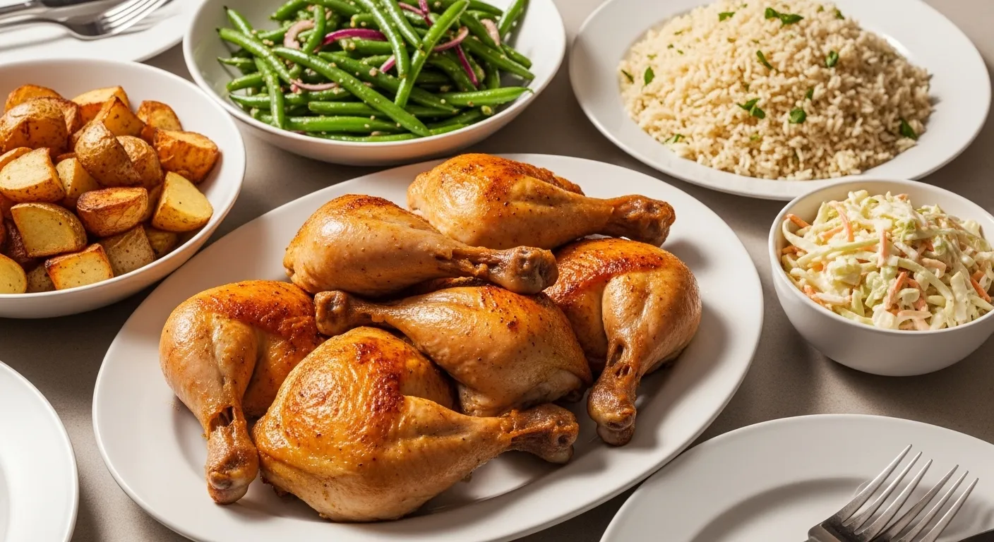 Golden-brown roasted chicken drumsticks and thighs served on a white platter, accompanied by vibrant green beans, seasoned rice, and roasted potatoes for a wholesome roasted chicken dinner under bright, diffused lighting.