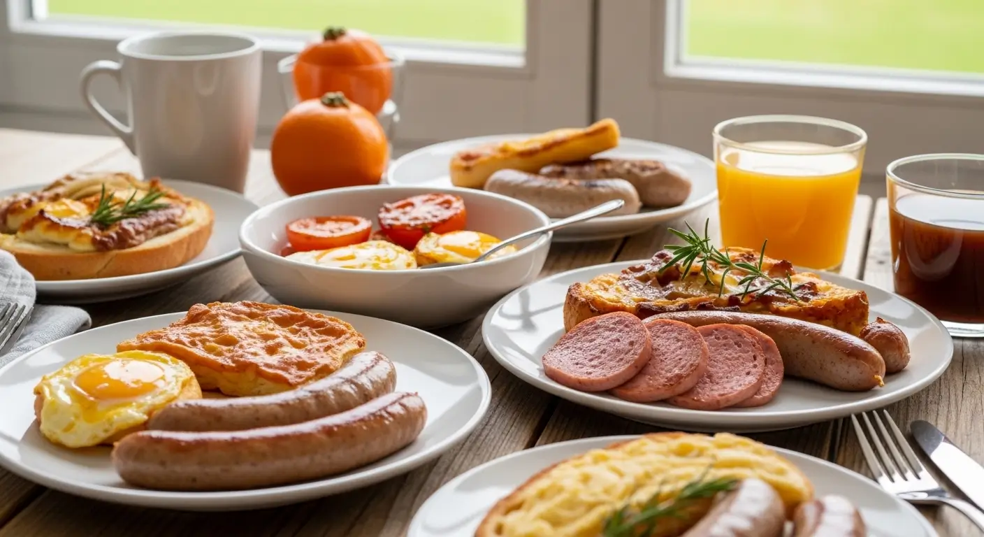 A hearty gourmet breakfast spread featuring sunny-side-up eggs, browned sausages, and grilled tomatoes on white ceramic plates, bathed in soft morning window light alongside fresh orange juice and coffee on a rustic wooden table.