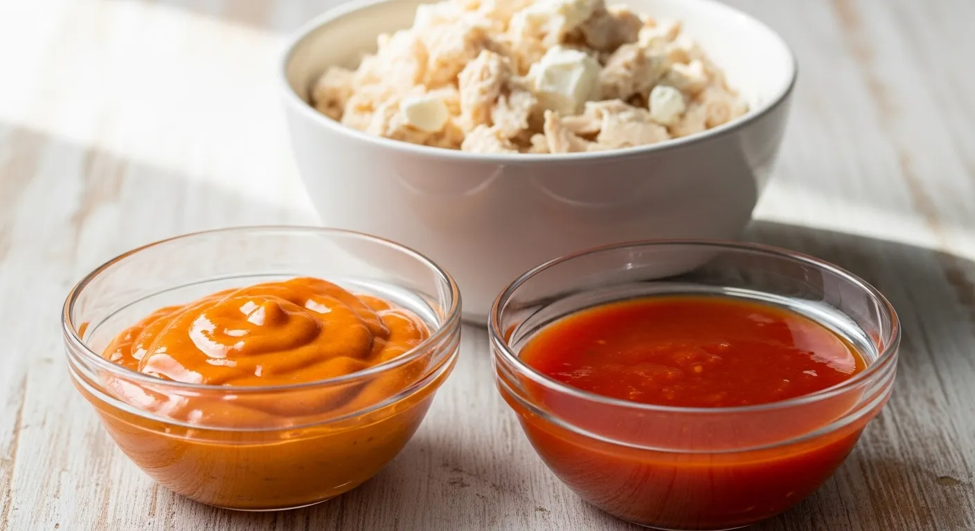 Creamy orange buffalo sauce and vibrant red hot sauce in glass bowls rest on a weathered wooden surface. Behind them, a white ceramic bowl holds shredded chicken and feta cheese crumbles under soft, bright daylight, showcasing fresh ingredients for a spicy chicken recipe.