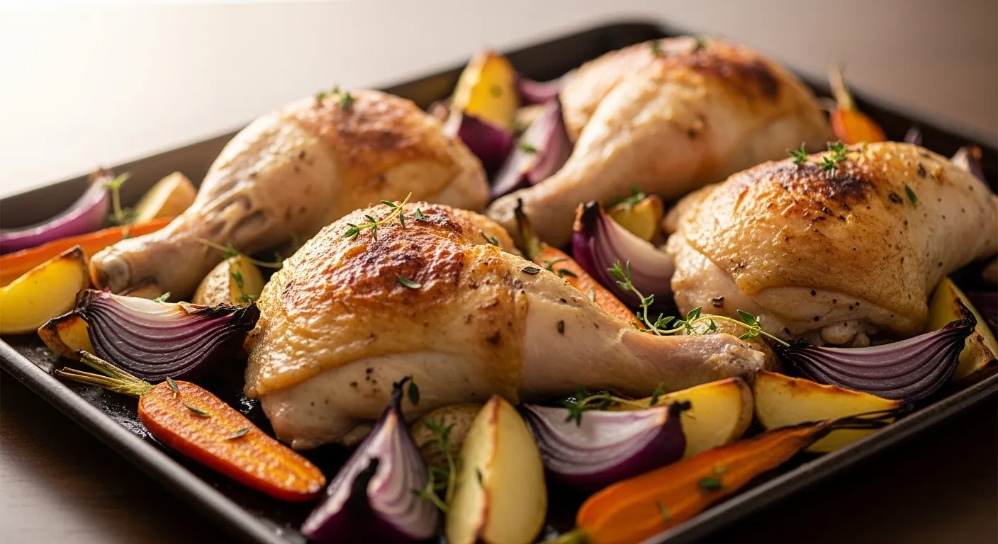 Golden-brown roasted chicken leg quarters with crispy skin, nestled on a baking sheet among vibrant red onions, carrots, and potatoes. Fresh thyme sprigs garnish the dish, which is bathed in warm, soft light, highlighting the tender textures of this hearty sheet pan dinner.