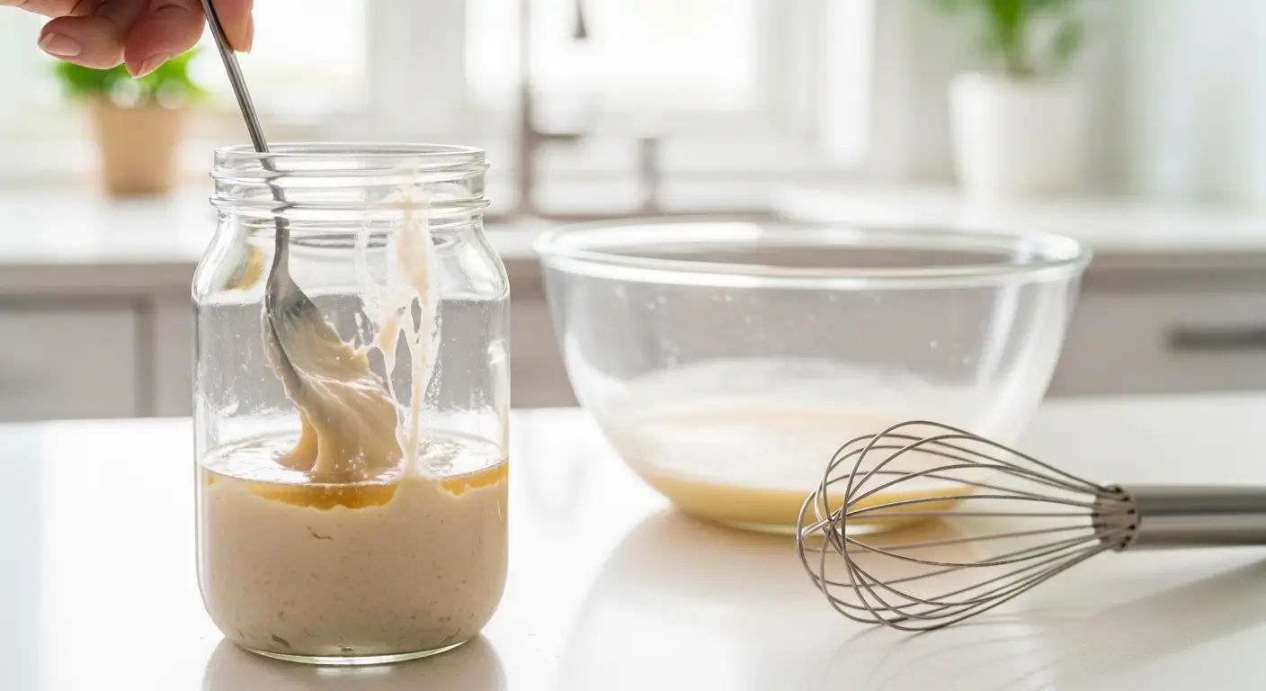 A hand stirs bubbly, active sourdough starter in a clear glass jar using a metal spoon on a bright white kitchen counter. Beside it, a stainless steel whisk and mixing bowl rest under soft, natural light, capturing a moment of artisan bread baking.