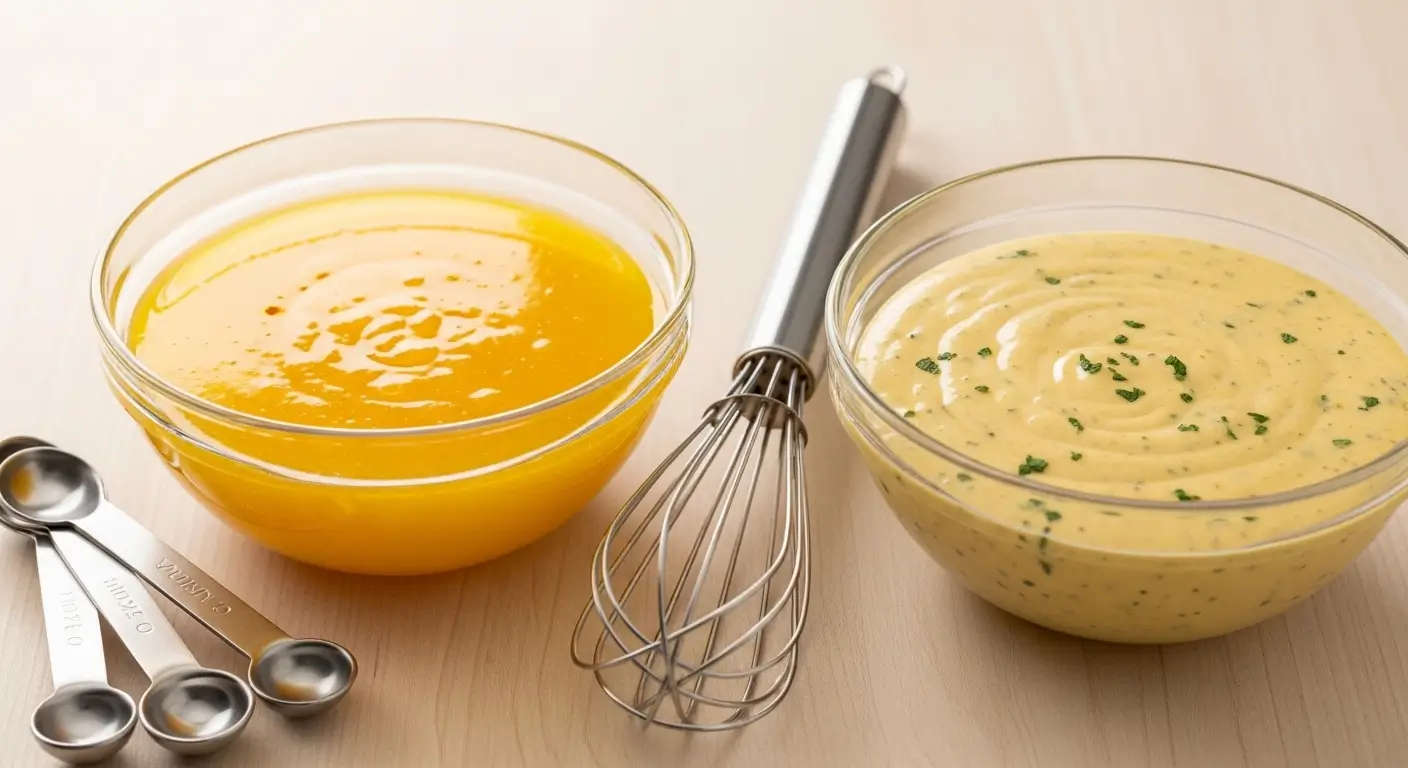 Two glass bowls filled with vibrant melted butter and creamy Hollandaise sauce topped with herbs rest on a light wood surface. A stainless steel whisk and measuring spoons sit nearby under soft, bright lighting, highlighting the smooth textures of these homemade sauces.