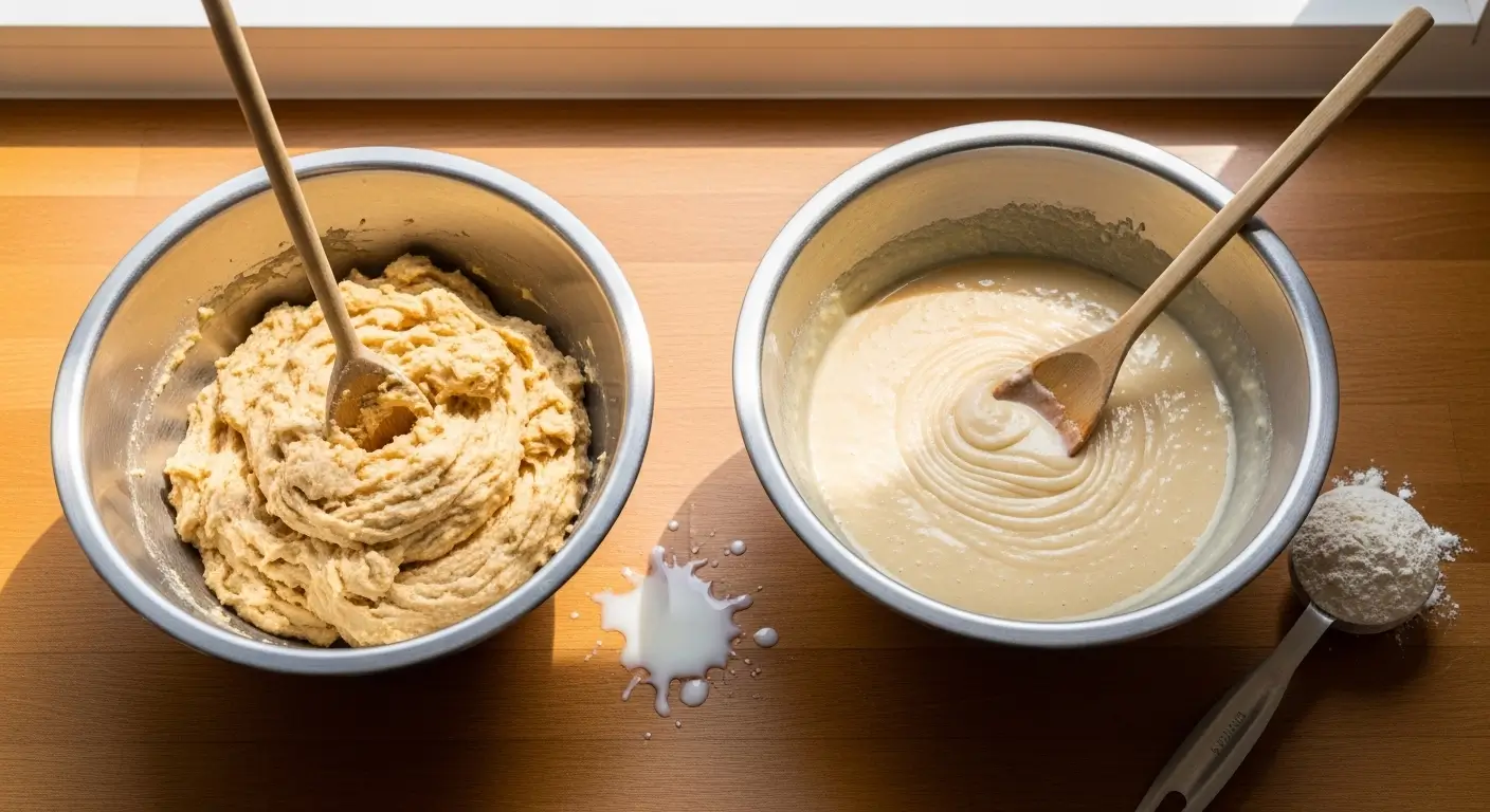 Two stainless steel bowls containing thick baking dough and smooth homemade cake batter rest on a sunlit wooden countertop. A small splash of milk and a measuring cup of white flour sit between the bowls under bright, warm natural lighting.