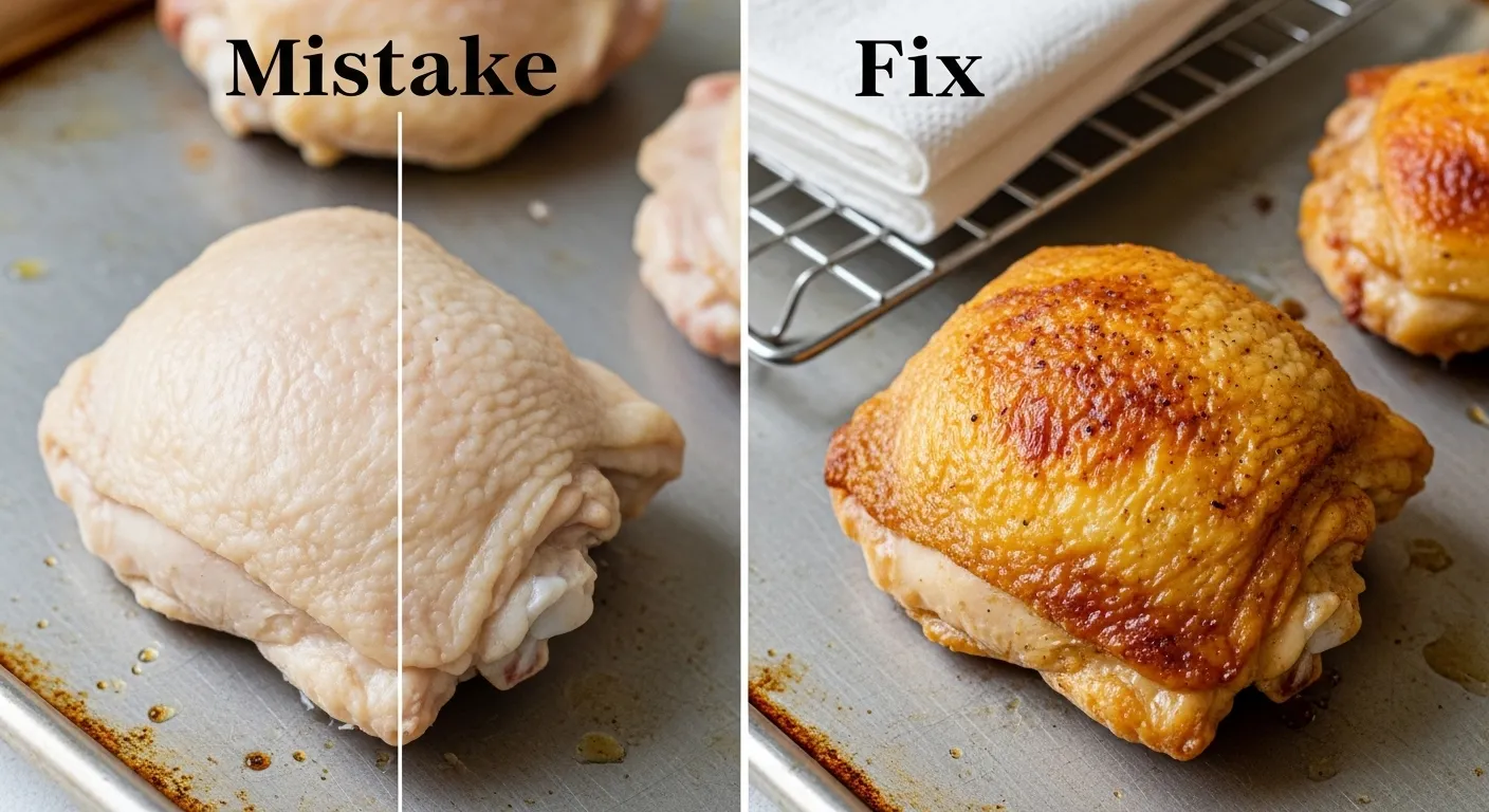 A side-by-side comparison of chicken thighs on a metal baking sheet, contrasting a pale, soft-skinned "Mistake" with a "Fix" featuring crispy roasted chicken. The right side showcases a golden-brown, textured skin glistening under bright kitchen lighting, illustrating a perfect cooking result.