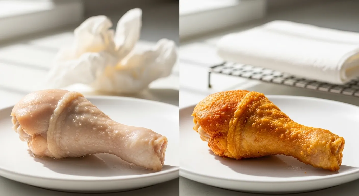 A side-by-side comparison of a pale, moist chicken drumstick and a golden-brown crispy fried chicken drumstick on white ceramic plates. Soft natural light illuminates the crunchy, breaded texture of the fried chicken against a clean, minimalist background featuring a wire cooling rack.
