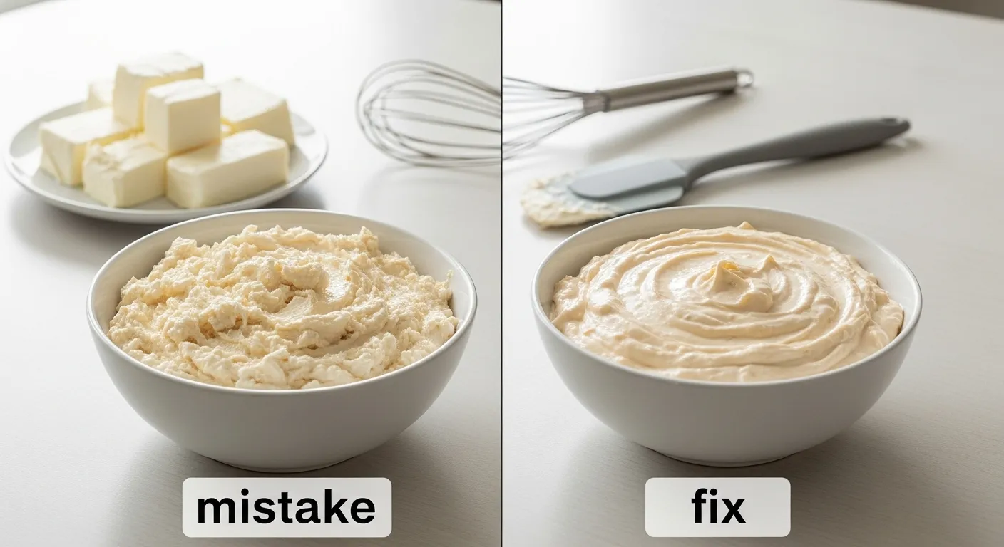 A side-by-side comparison showing curdled buttercream frosting labeled 'mistake' next to a smooth, creamy whipped texture labeled 'fix' in white bowls. The bright kitchen setting features cubes of yellow butter and a silver whisk on a minimalist white countertop under soft, natural light.