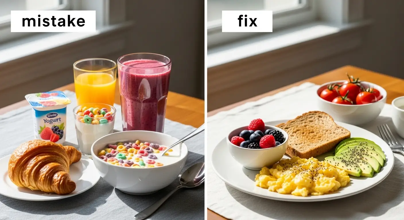 A side-by-side comparison labeled 'mistake' and 'fix' showcasing healthy breakfast ideas; the balanced meal features fluffy scrambled eggs, creamy avocado, and vibrant berries, while the alternative displays sugary cereal and a flaky croissant under bright, natural morning light on a wooden table.