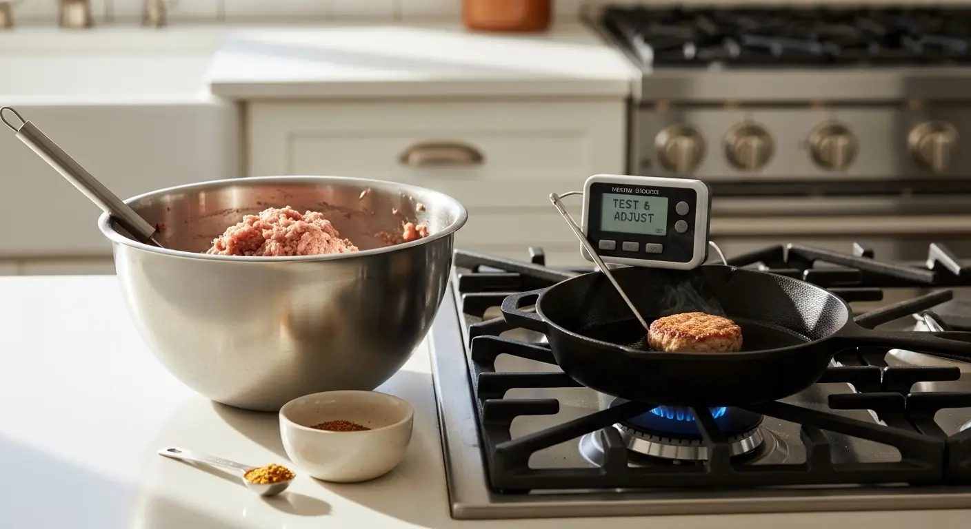 A digital meat thermometer monitors a sizzling burger patty in a matte black cast iron skillet on a gas stove. Beside it, a large stainless steel bowl holds raw ground meat on a bright white countertop bathed in soft, natural daylight.