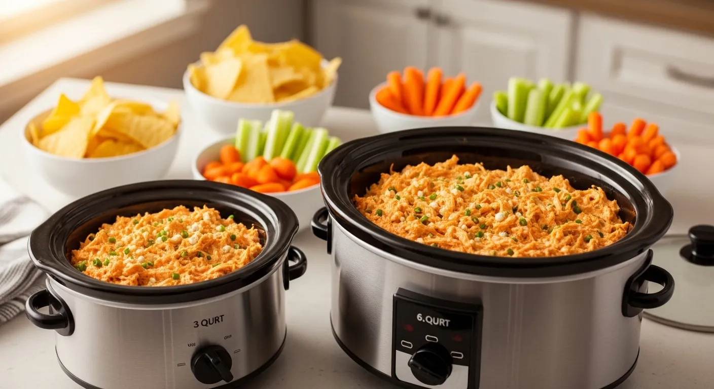 Creamy buffalo chicken dip garnished with scallions simmers in two stainless steel slow cookers on a bright kitchen counter. This savory party appetizer is surrounded by bowls of crisp celery, baby carrots, and golden tortilla chips under soft, natural morning light.