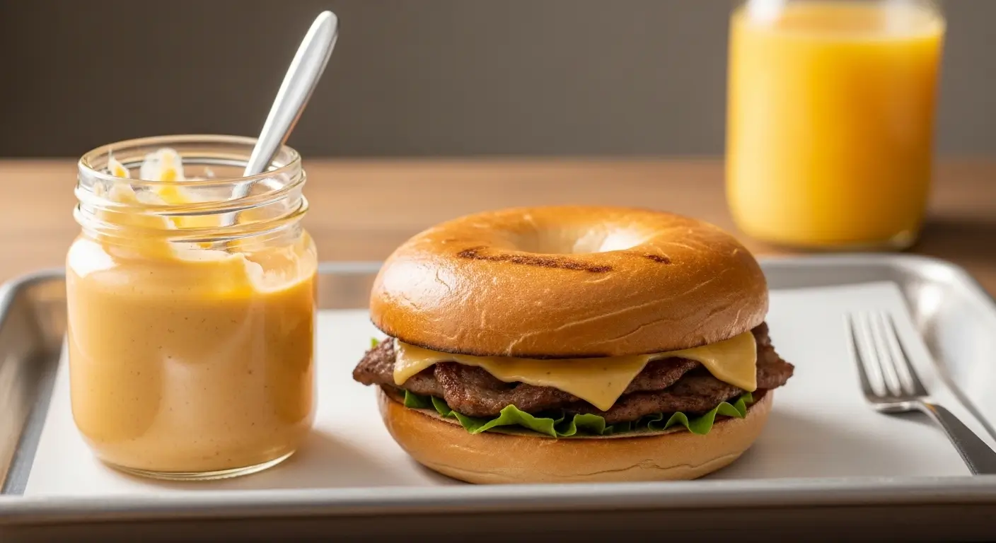 A toasted golden-brown bagel breakfast sandwich layered with melted cheddar and a savory meat patty, resting on a silver tray next to a glass jar of creamy cheese sauce and fresh orange juice in soft, diffused daylight.
