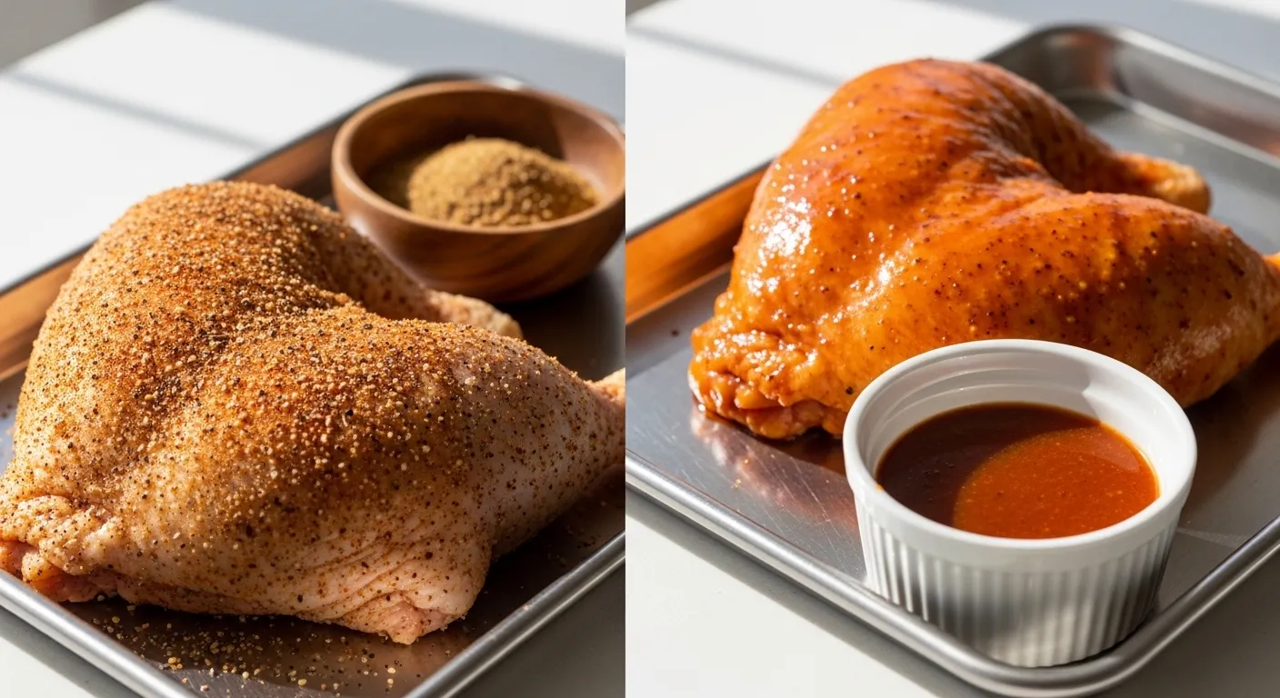 A side-by-side comparison of raw chicken quarters on metal trays, one coated in a granular dry rub seasoning and the other glazed with a glossy BBQ marinade, illuminated by bright natural window light on a clean white surface.