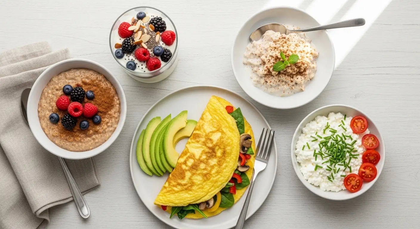 A spread of healthy breakfast ideas featuring a golden vegetable omelet with avocado and berry-topped oatmeal. These high-protein breakfast dishes rest on white wood under soft, natural light, highlighting fresh textures and vivid colors.