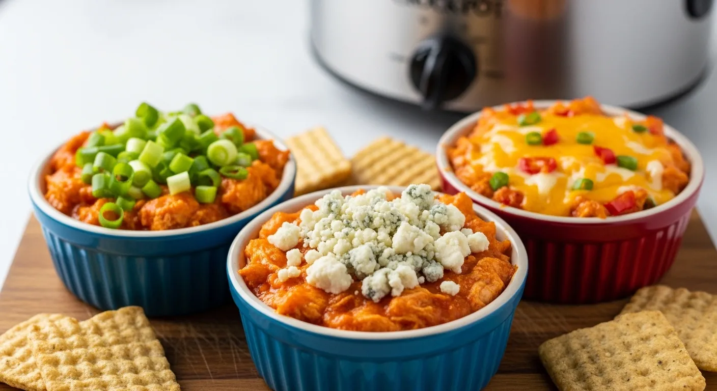 Three colorful ramekins of creamy buffalo chicken dip topped with fresh green onions, blue cheese, and melted cheddar. This savory slow cooker appetizer rests on a wooden board with crisp crackers under bright, natural light.