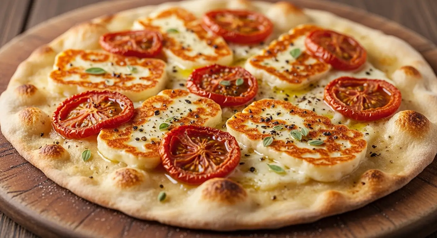 Artisanal flatbread topped with grilled halloumi cheese and roasted tomatoes on a rustic wooden board. The golden, bubbly crust is sprinkled with herbs under warm lighting, highlighting the savory textures of this gourmet Mediterranean pizza.