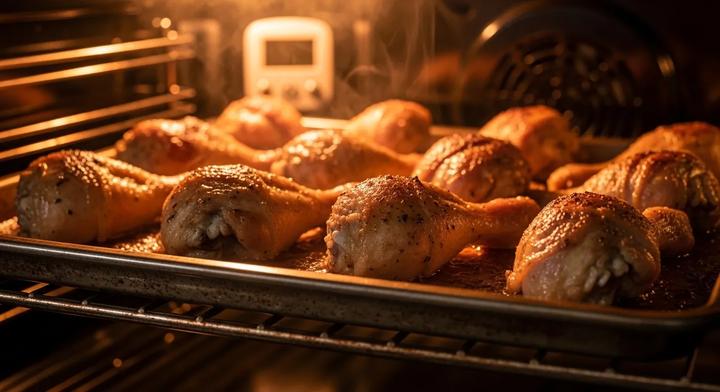 Crispy roasted chicken drumsticks with seasoned, glistening skin sit on a metal baking tray inside a warm convection oven. Rising steam and a golden amber glow highlight the juicy texture of the meat as it bakes to perfection.