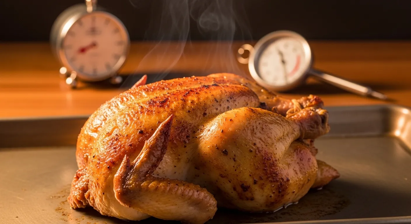 A steaming whole roasted chicken with crispy, golden-brown skin sits on a metallic baking tray under warm ambient lighting. Wisps of vapor rise from the seasoned bird, while a meat thermometer and kitchen timer rest in the soft-focus background on a wooden surface.