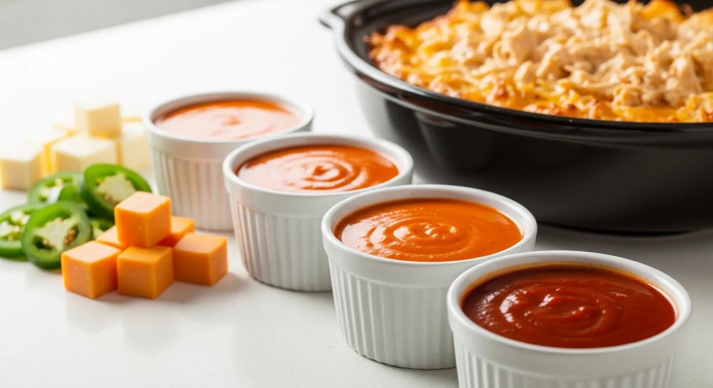 Creamy buffalo chicken dip in a black slow cooker, accompanied by white ramekins of vibrant buffalo sauce, cubed cheddar cheese, and fresh jalapeño slices on a bright white surface under clean, natural light.