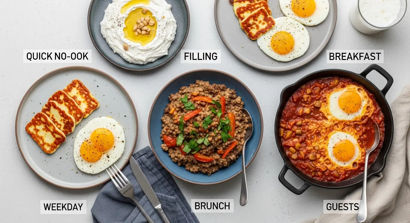 Vibrant Middle Eastern breakfast dishes including spicy shakshuka in a cast iron skillet, grilled halloumi, and fried eggs. This bright scene on a gray surface highlights creamy hummus and savory minced meat textures.