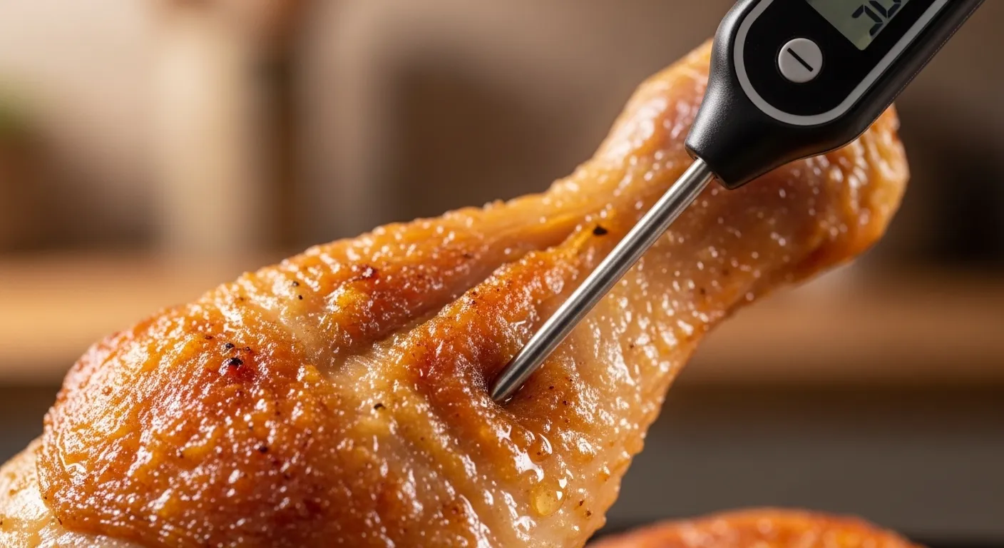 A digital meat thermometer probe is inserted into a crispy, golden-brown roasted chicken drumstick to check the internal temperature. The glistening skin reflects warm, diffused kitchen lighting, showcasing a succulent texture against a soft, blurred background.
