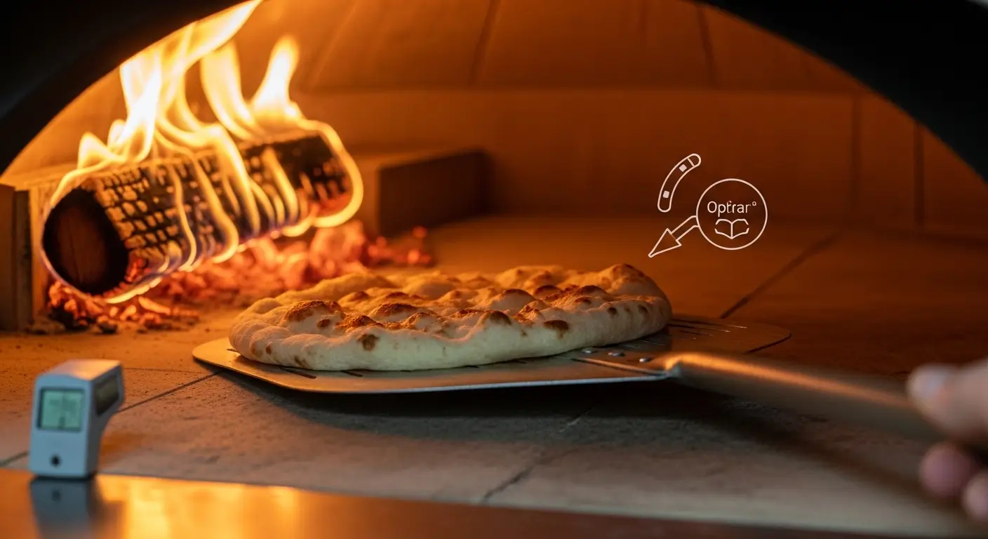 Artisanal pizza dough bubbles on a metal peel inside a roaring wood-fired pizza oven. Intense orange flames from a charred log cast a warm light over the stone floor, highlighting the golden-brown texture of the crust in a rustic, high-heat cooking environment.