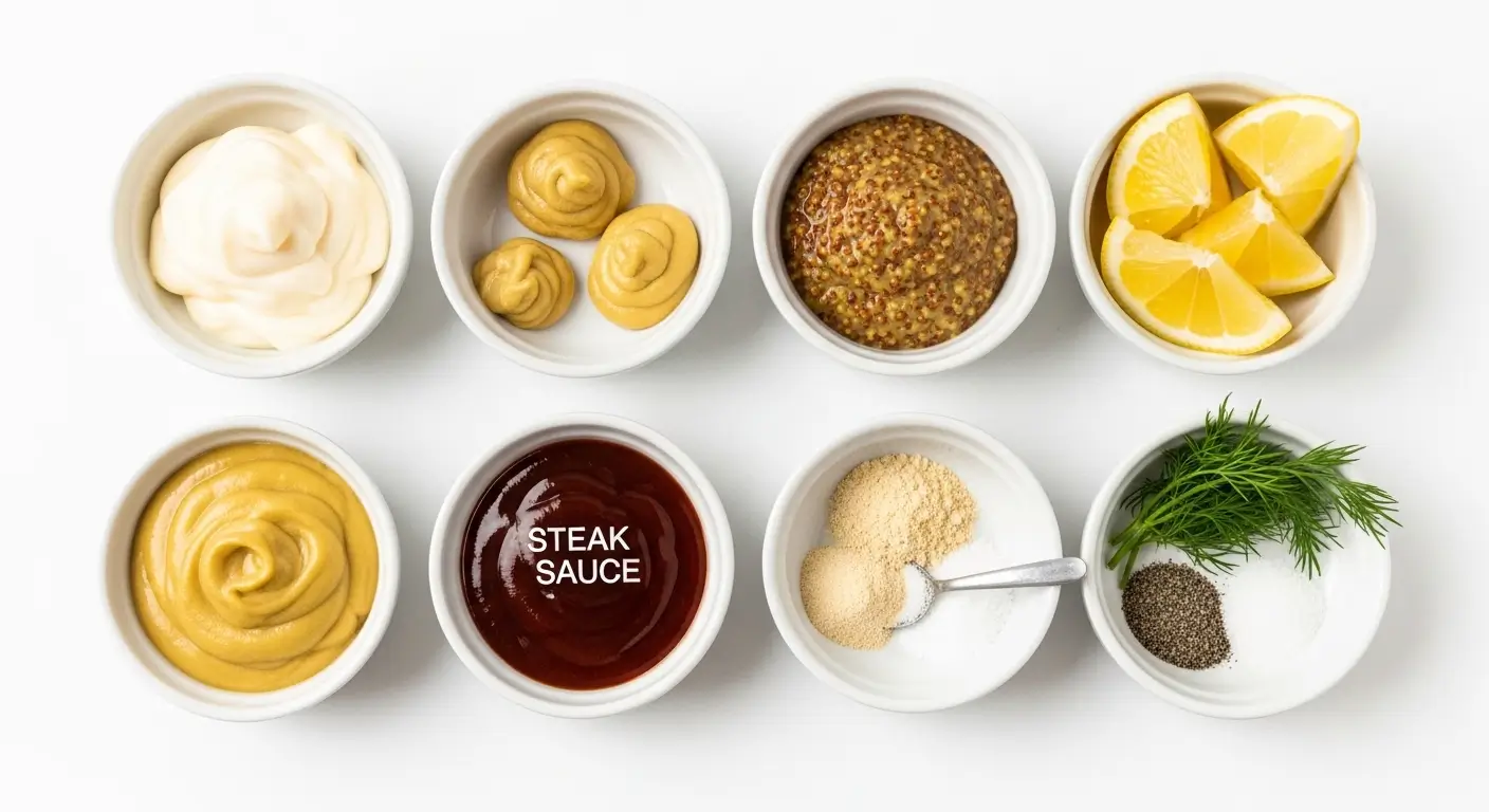 An array of gourmet dipping sauces and steak sauce ingredients, including textured whole grain mustard, creamy white mayonnaise, and vibrant lemon wedges, neatly arranged in white ceramic bowls on a minimalist white surface under bright, even lighting.
