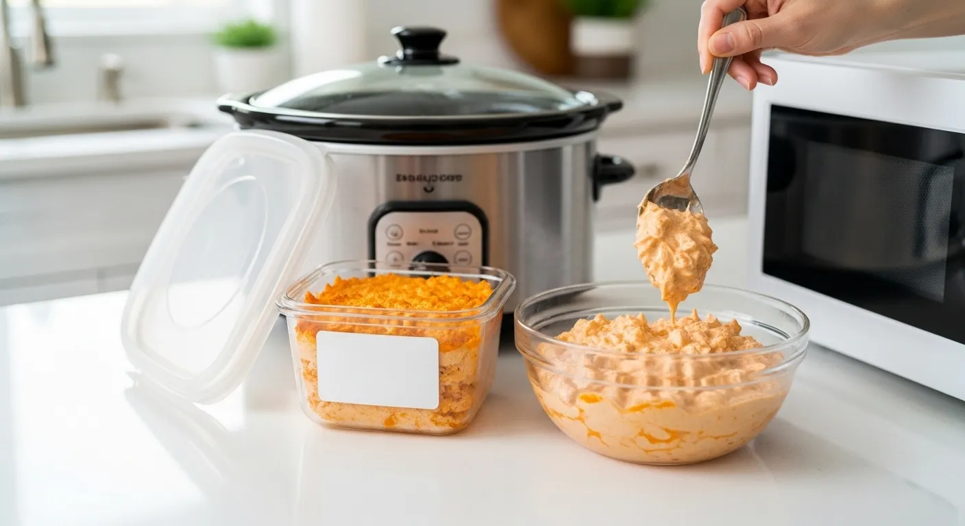 A hand scoops creamy buffalo chicken dip with a silver spoon into a glass bowl, sitting beside a stainless steel slow cooker and a labeled glass meal prep container on a bright, modern white countertop under soft, diffused kitchen lighting.