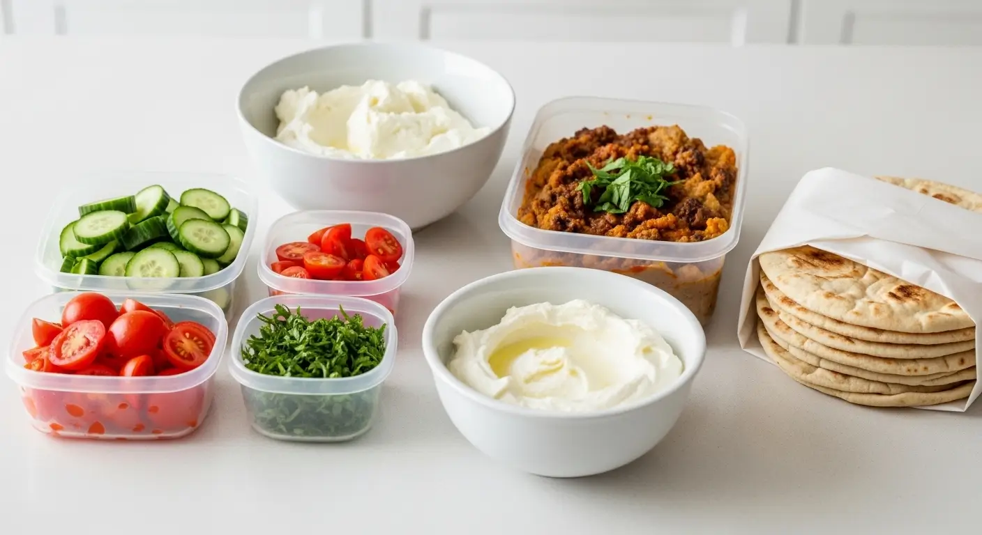 Vibrant Mediterranean meal prep featuring sliced cucumbers, cherry tomatoes, and fresh herbs in clear containers, paired with creamy white dips and a stack of soft pita bread on a clean white surface in bright daylight.