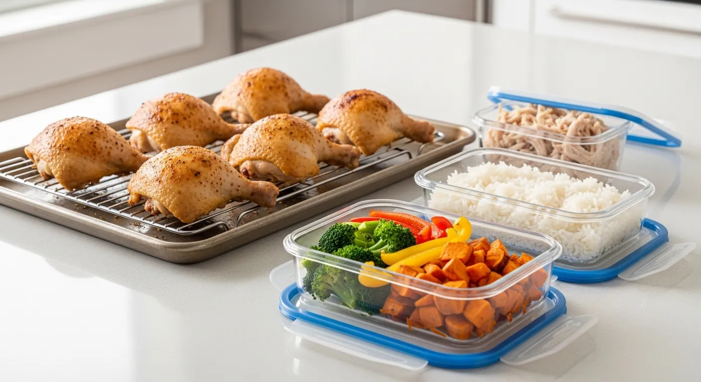 Golden roasted chicken legs rest on a wire rack alongside glass meal prep containers filled with fluffy white rice, vibrant broccoli, and roasted sweet potatoes. This healthy meal prep scene is set on a bright, modern kitchen counter under soft, diffused natural lighting.