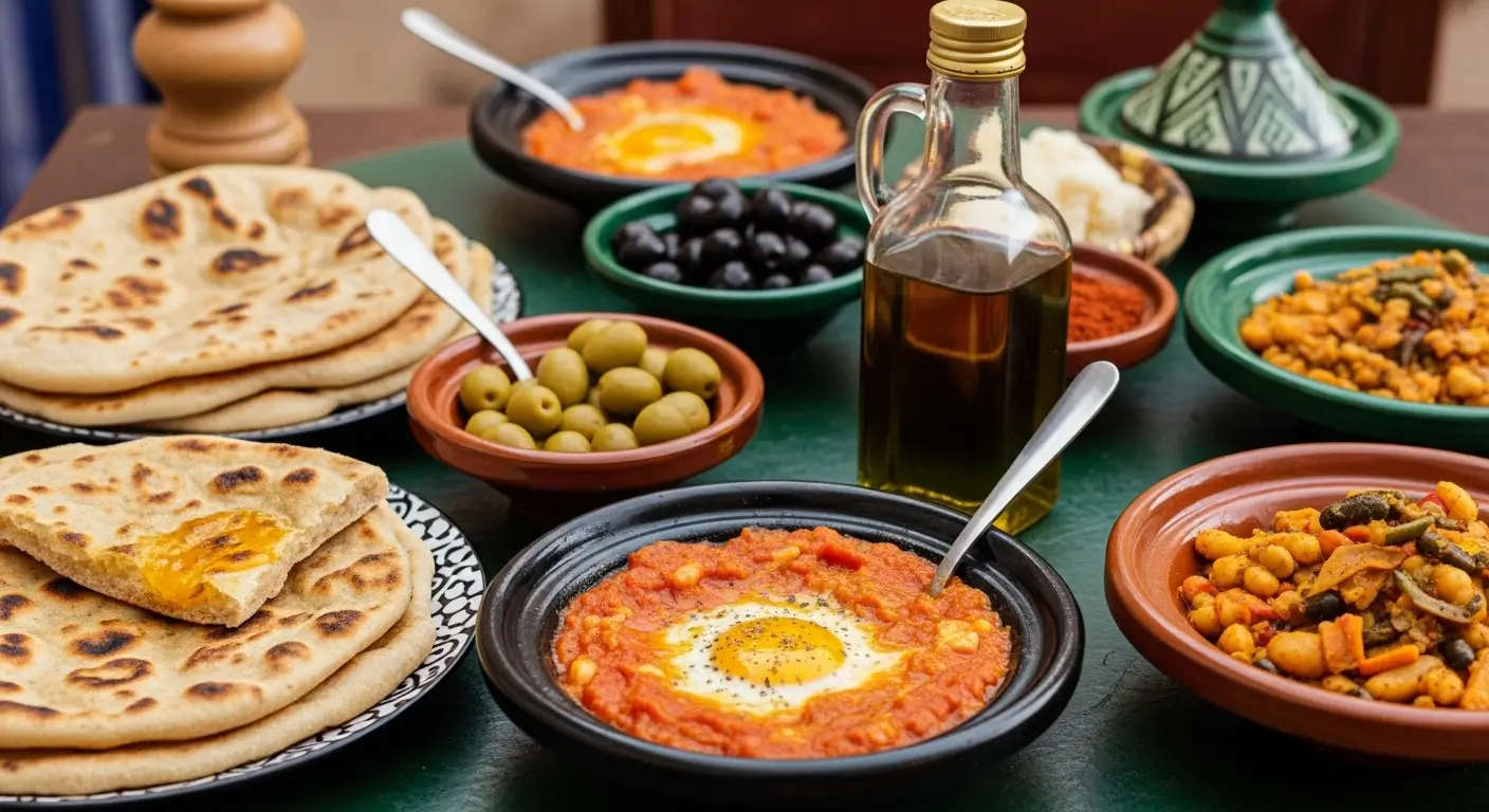 Warm charred flatbread served with savory shakshuka and poached eggs on a green table. This traditional Moroccan breakfast features bowls of green olives, chickpea salad, and golden olive oil under bright natural light.
