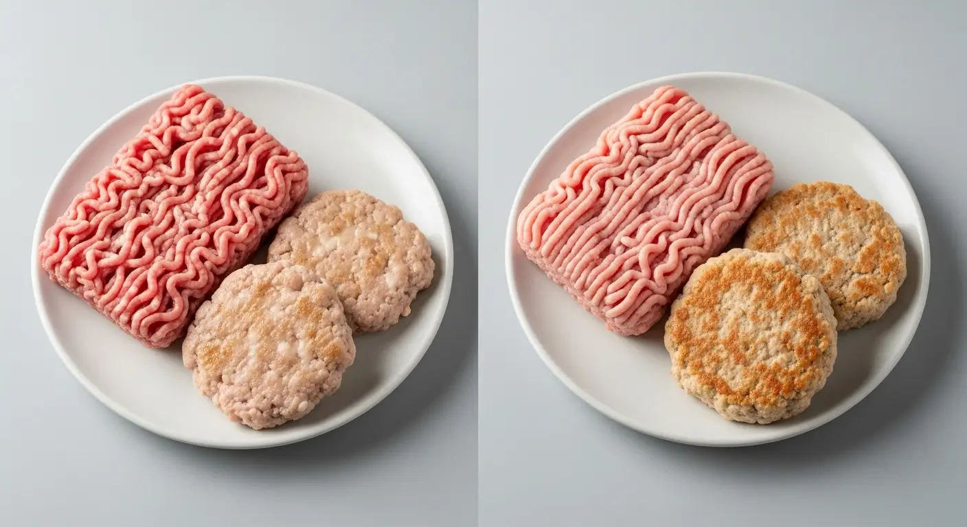 Fresh raw ground meat with a distinct ridged texture sits next to two golden-brown cooked patties on a clean white plate, illuminated by soft studio lighting against a neutral grey backdrop to highlight the difference between raw and prepared protein.