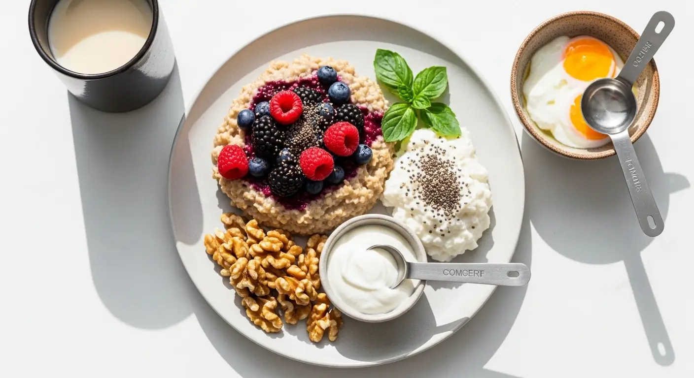 A nutritious high protein breakfast featuring berry-topped oatmeal, crunchy walnuts, and cottage cheese, illuminated by bright morning sunlight. Vibrant red raspberries and deep blue berries contrast against the white ceramic dishes and creamy yogurt on a clean, minimalist surface.