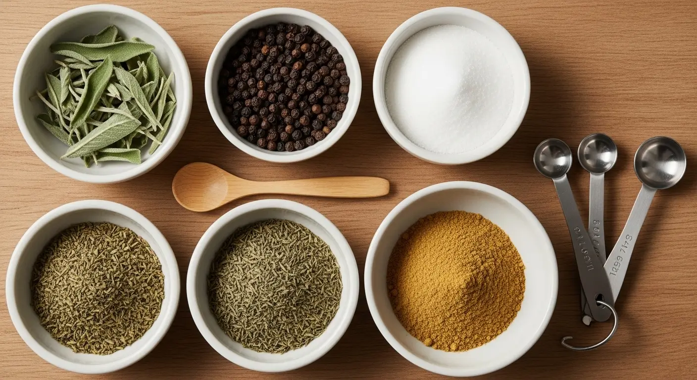 An assortment of organic culinary spices, including sage, peppercorns, and turmeric, fills six white ceramic bowls on a light wooden surface. Bright, even lighting showcases the textures of the dried kitchen herbs alongside a small wooden spoon and polished stainless steel measuring spoons.