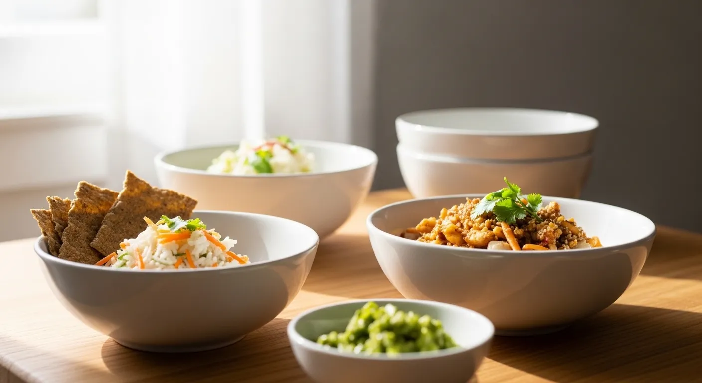 White ceramic bowls filled with healthy Asian-inspired dishes, including seasoned rice and savory stir-fry, sit on a light wood table bathed in bright natural sunlight that highlights the vibrant textures of fresh cilantro and crisp crackers.