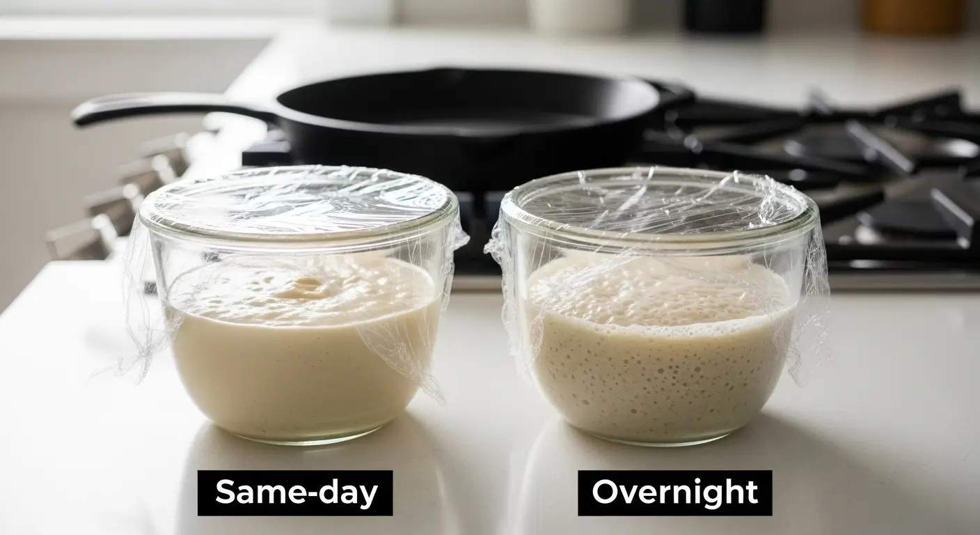 Two glass bowls of fermenting sourdough starter on a white kitchen counter. The overnight starter shows active, bubbly fermentation compared to the smoother same-day batter, set against a matte black cast-iron skillet in bright, natural light.