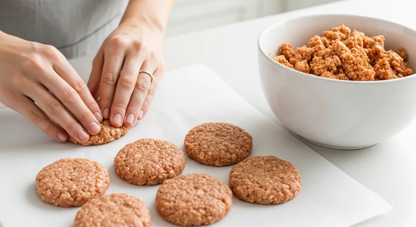 Hands press textured plant-based meat into uniform homemade burger patties on white parchment paper. A large ceramic bowl of the raw mixture sits on a bright, clean kitchen counter under soft daylight, highlighting the grainy texture and natural tones of the food.