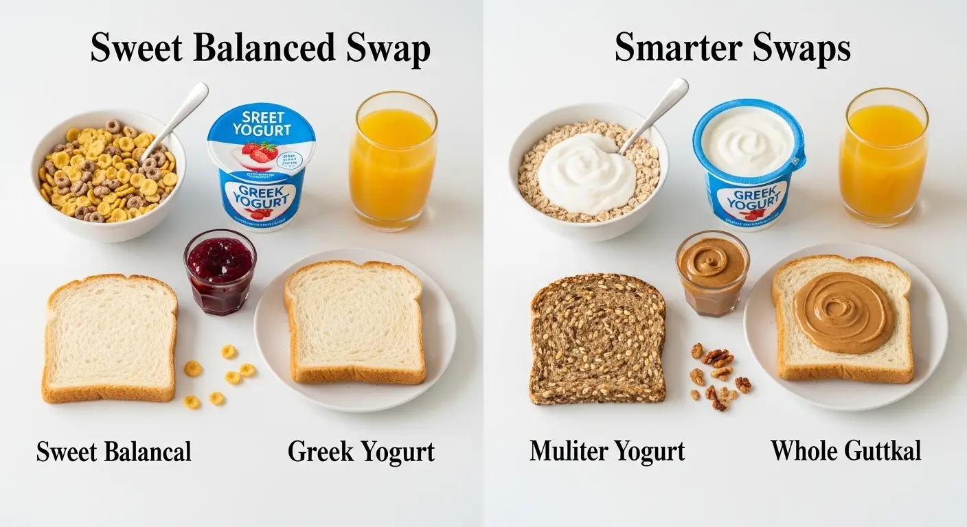 A side-by-side comparison of healthy breakfast swaps on a bright white surface, featuring bowls of yogurt and cereal, fresh orange juice, and multigrain bread with creamy peanut butter to illustrate nutritious meal ideas.