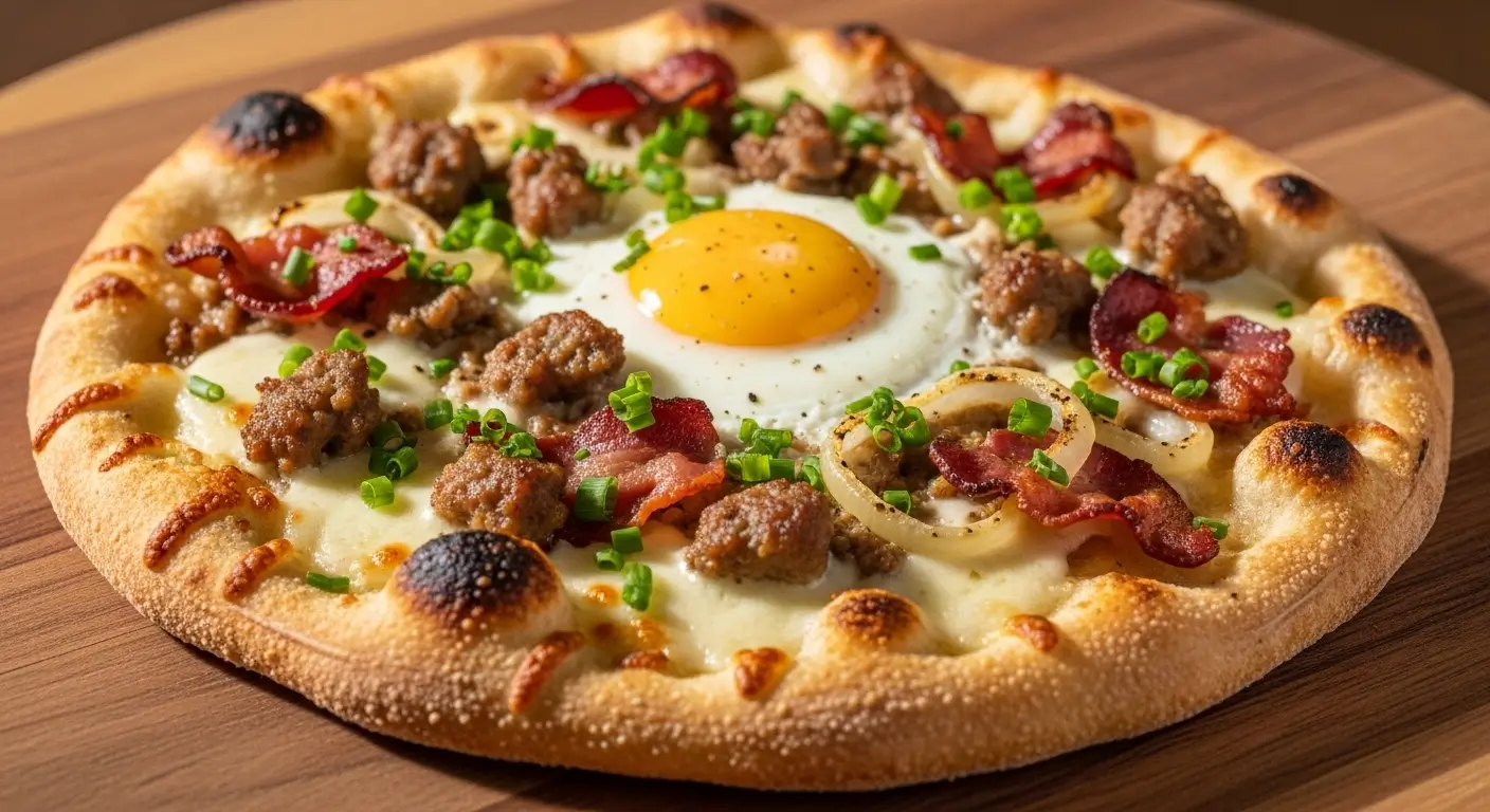 A gourmet breakfast pizza featuring a perfectly cooked sunny-side-up egg, crispy bacon strips, and savory sausage crumbles on a bubbly artisan crust, garnished with fresh chives and resting on a smooth wooden surface under warm, natural lighting.