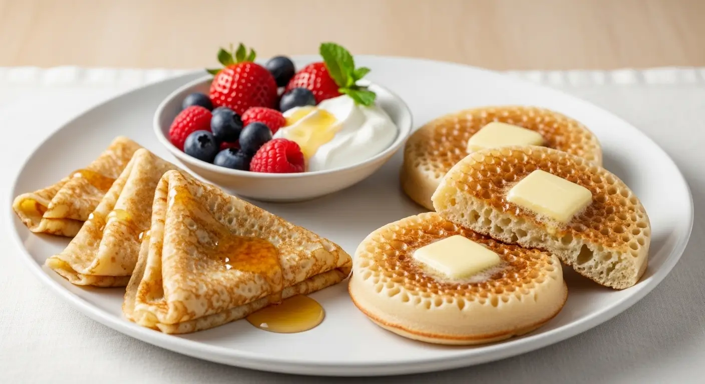 Golden buttered crumpets and honey-drizzled crepes served with a bowl of fresh berries and yogurt. This gourmet breakfast platter is bathed in soft natural light, highlighting the porous textures and vibrant fruit colors.