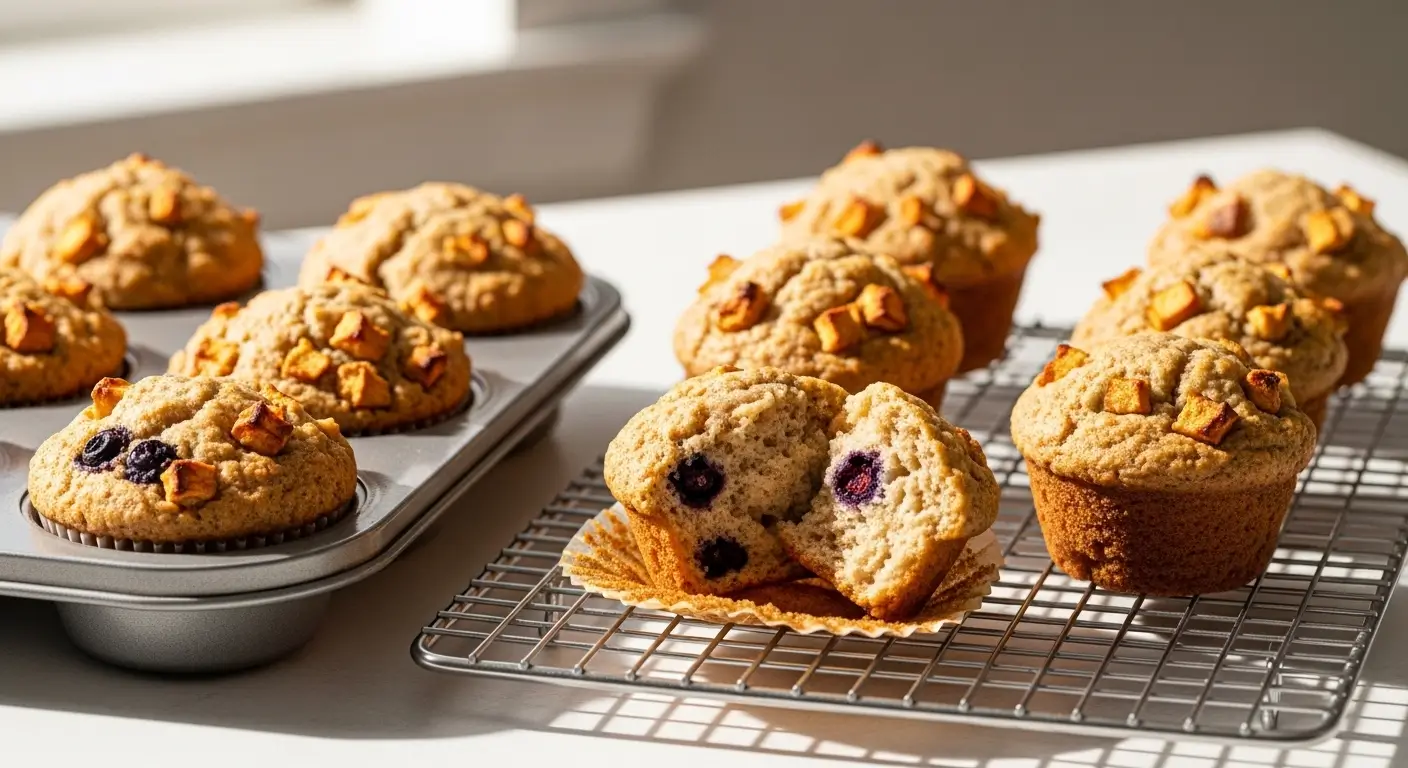 Freshly baked apple muffins with golden-brown, textured tops cooling on a wire rack and in a metal tin, featuring one muffin split open to reveal juicy blueberries and fruit chunks under bright, natural daylight.