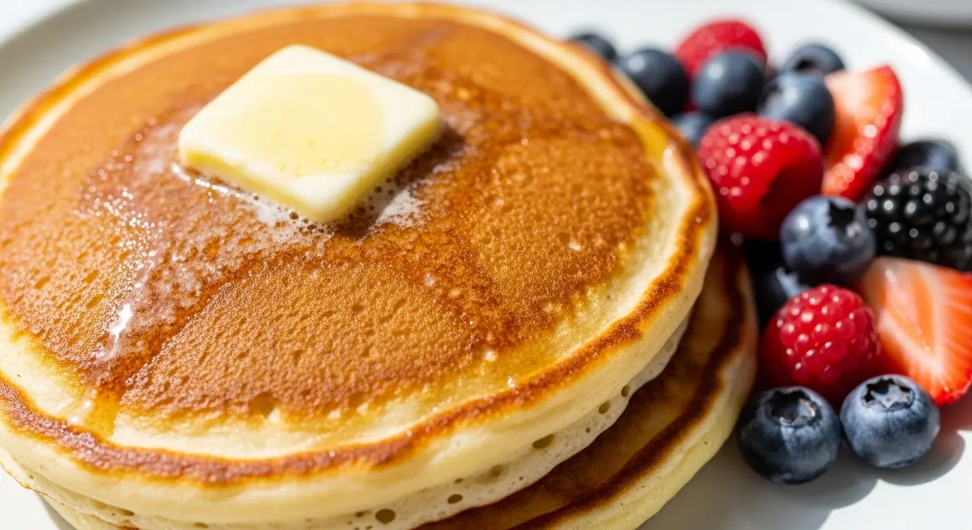 A stack of fluffy golden-brown pancakes topped with melting butter and glistening maple syrup, served with a side of fresh berries on a white plate under bright, natural morning light.