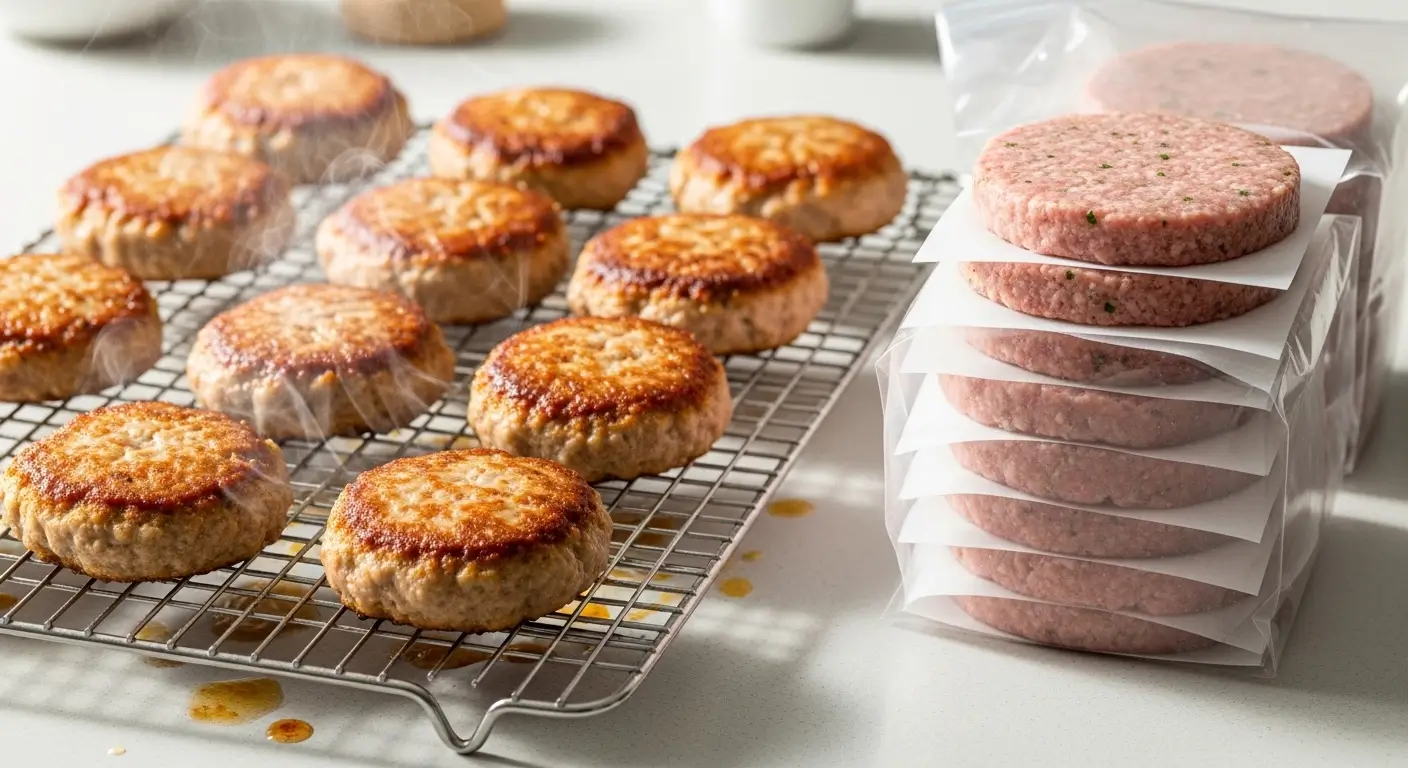 Steaming, golden-brown burger patties cool on a wire rack next to a stack of raw patties for meal prep. Bright, natural light illuminates the seared textures and pink hues of the meat on a clean white countertop.