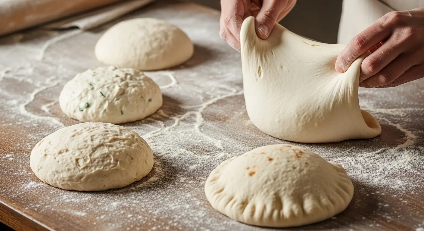 A baker’s hands stretch supple artisan bread dough on a floured wooden surface, surrounded by several rounded portions. The scene is bathed in soft, warm light, emphasizing the smooth textures and traditional craft of preparing handmade sourdough.