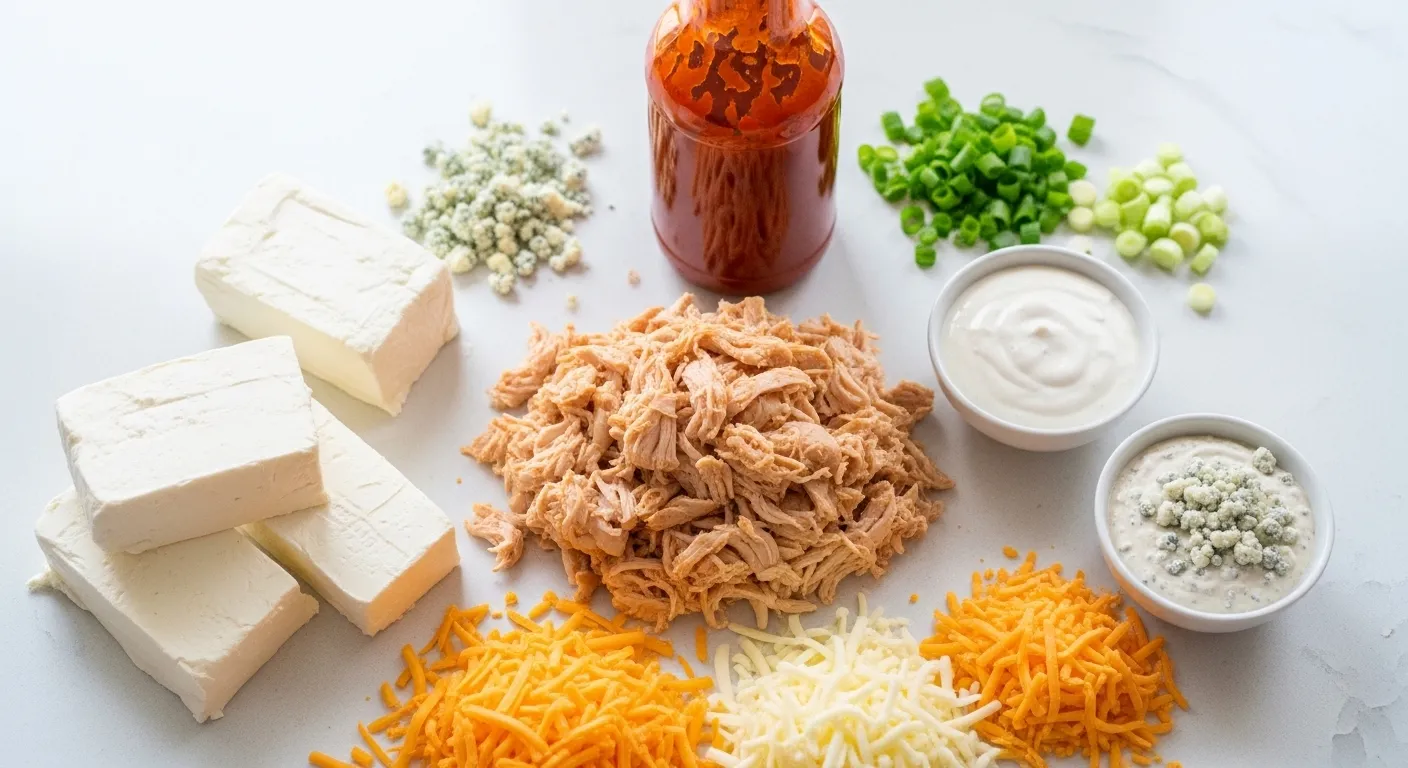 Buffalo chicken dip ingredients including shredded chicken, cream cheese blocks, and shredded cheddar on a white marble surface. A bottle of spicy red sauce and fresh green onions are shown under bright, natural light.