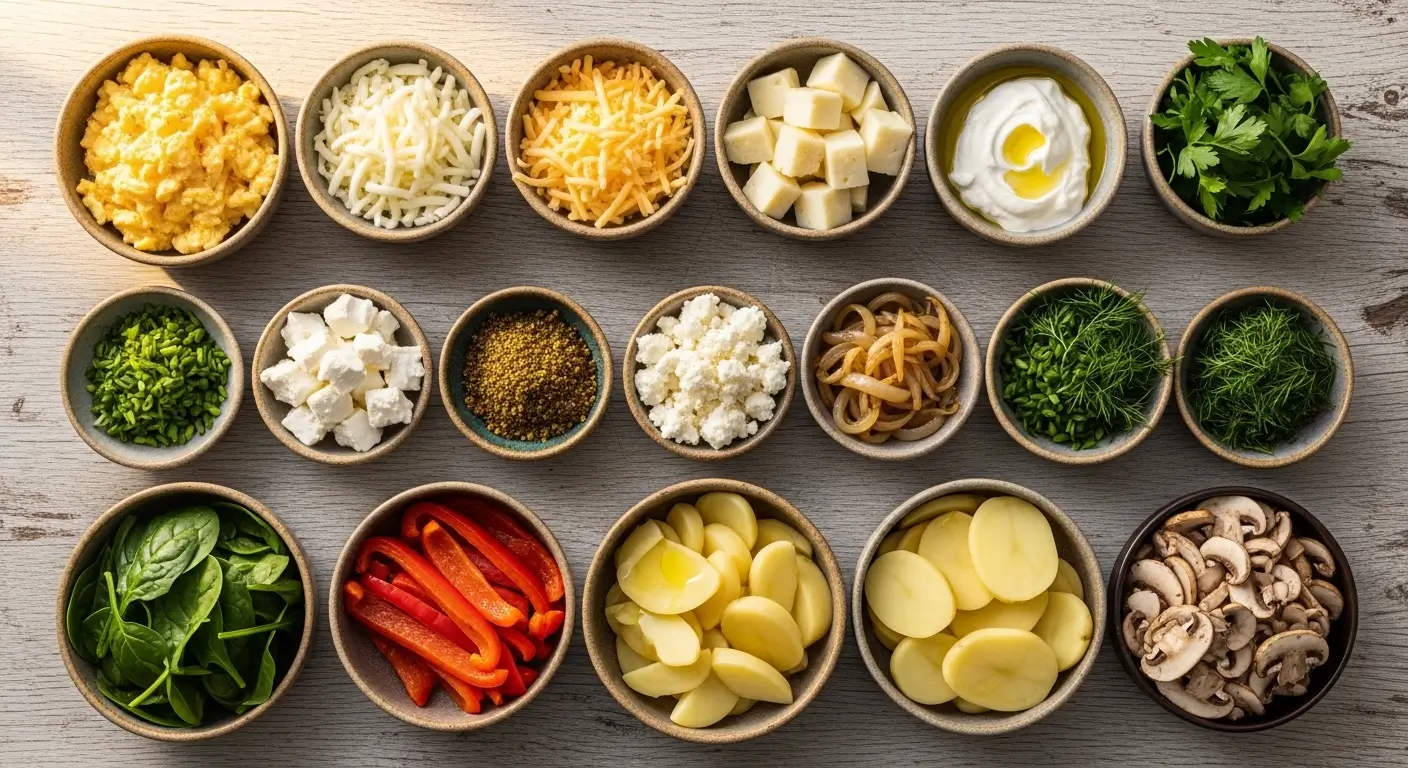 Assorted healthy breakfast ingredients in ceramic bowls on a rustic wooden surface. Soft natural light illuminates fluffy scrambled eggs, vibrant red peppers, and fresh spinach, showcasing a colorful variety of fresh meal prep toppings.